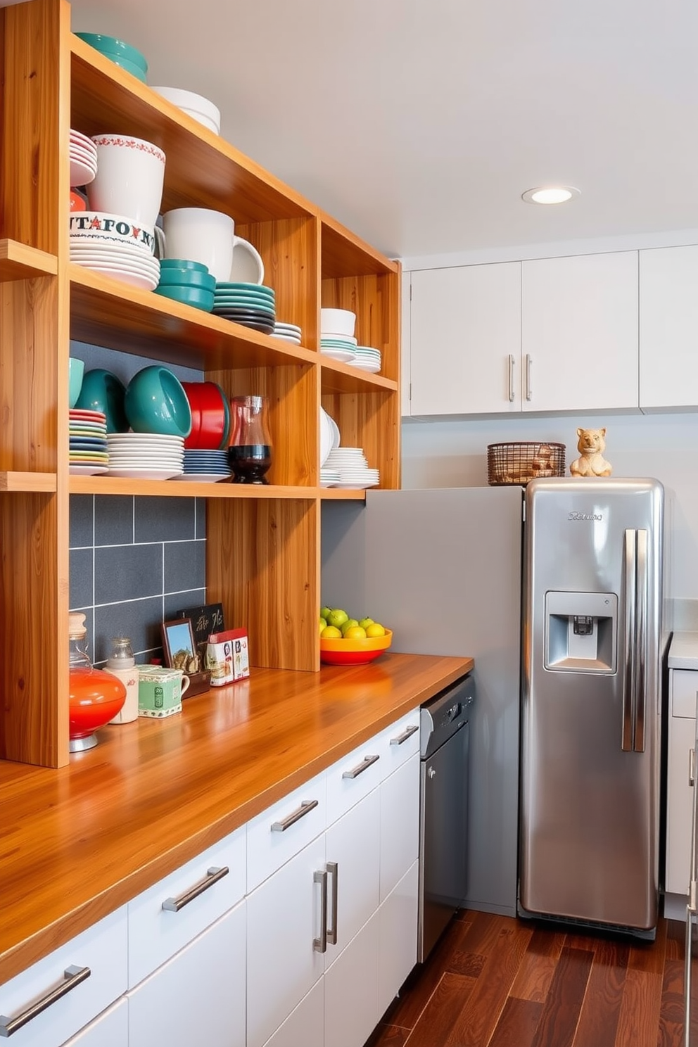 A Mid-Century Modern kitchen featuring open shelving that showcases an array of colorful dishware. The shelves are made of warm wood, contrasting beautifully with sleek white cabinets and a retro-style refrigerator.