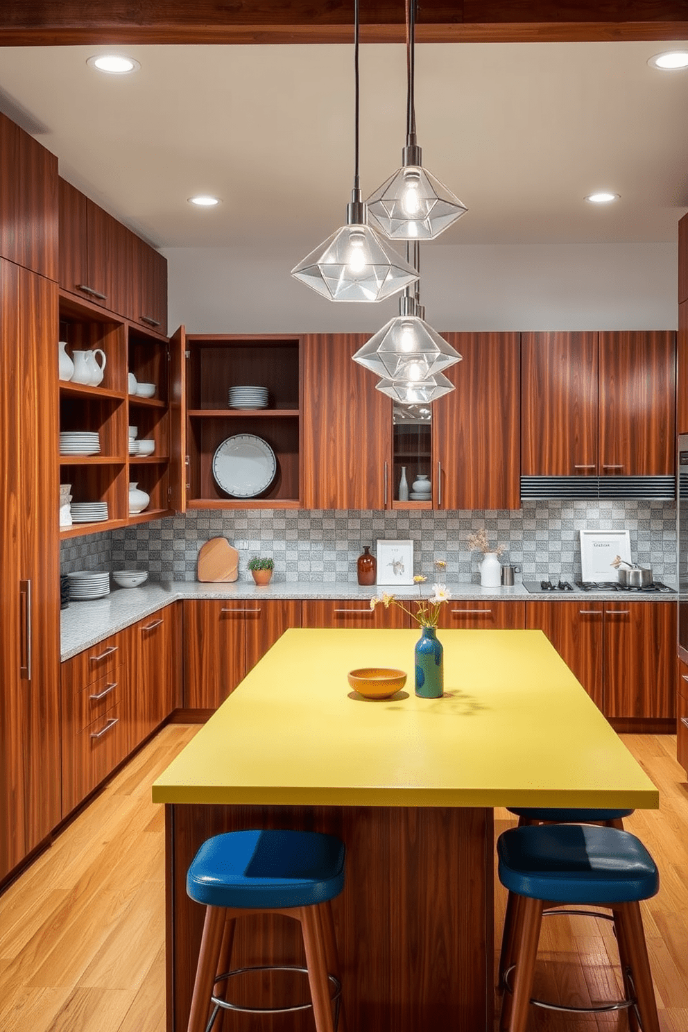 A Mid-Century Modern kitchen featuring a blend of open and closed storage solutions. The cabinetry showcases rich wood finishes with sleek lines, complemented by open shelving displaying stylish dishware and decorative items. A large kitchen island serves as a central gathering space, topped with a vibrant countertop that contrasts with the warm wood tones. Pendant lights with geometric designs hang above, illuminating the space and enhancing the retro aesthetic.