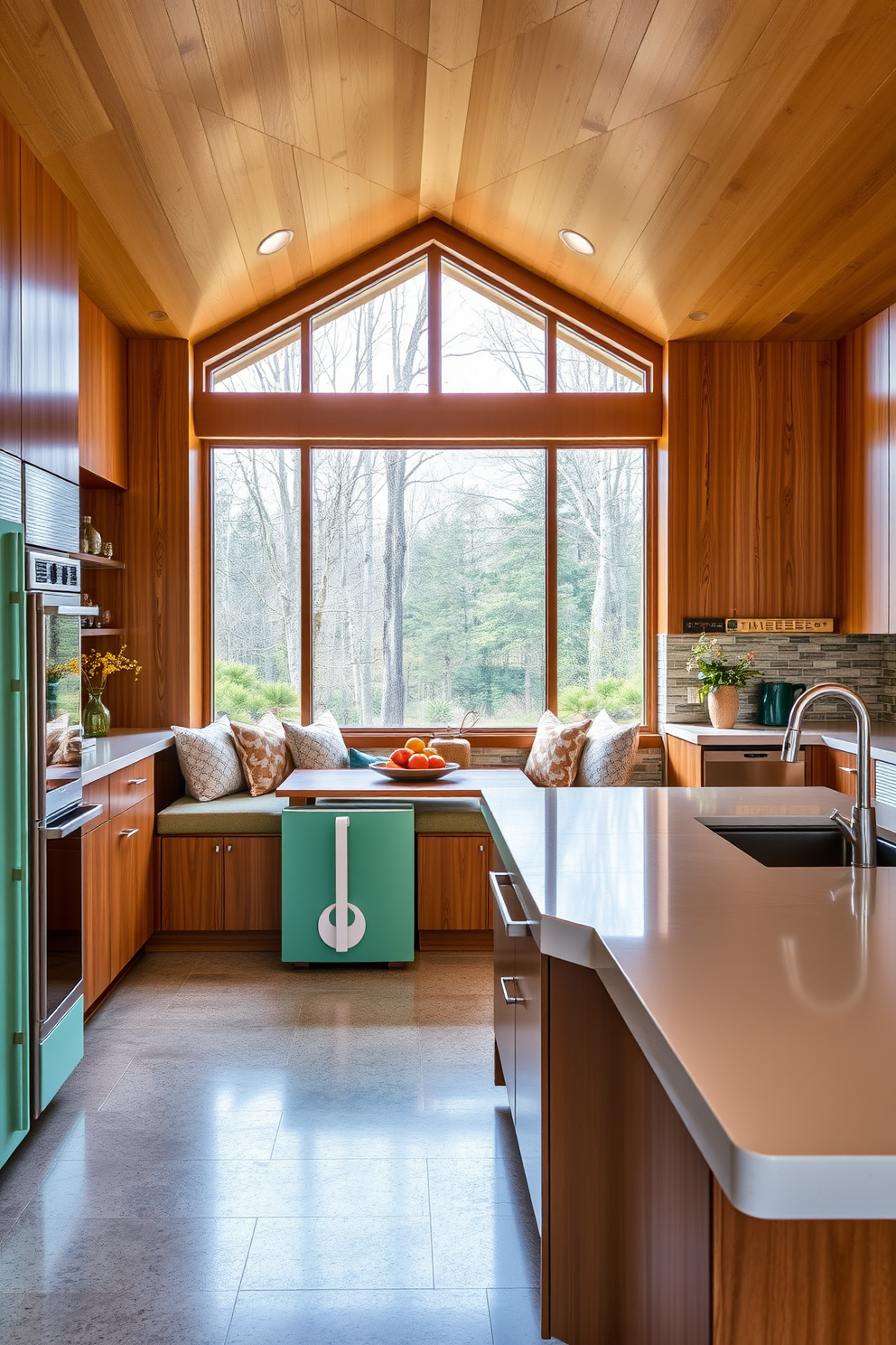 A stylish Mid-Century Modern kitchen featuring a cozy breakfast nook with plush cushions. The nook is surrounded by large windows that allow natural light to flood the space, creating a warm and inviting atmosphere. The kitchen showcases sleek cabinetry in rich wood tones, complemented by retro-inspired appliances in pastel colors. A large island with a waterfall countertop serves as a functional centerpiece, perfect for both cooking and casual dining.