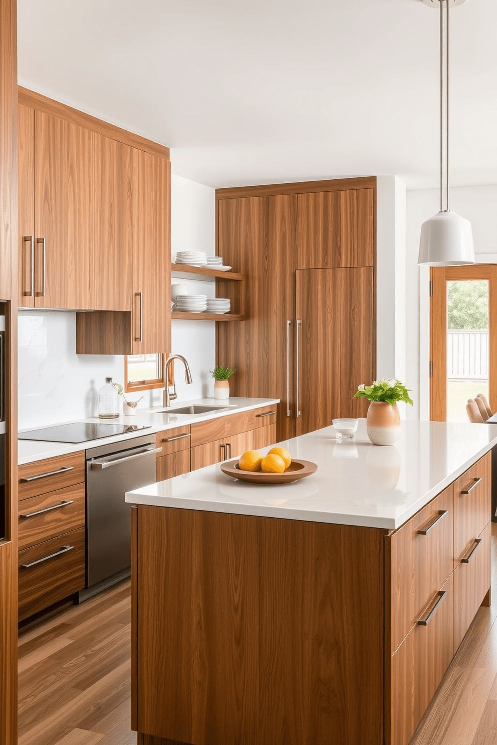 A Mid-Century Modern kitchen featuring natural wood grain finishes creates a warm and inviting atmosphere. The cabinetry boasts rich walnut tones, complemented by sleek, minimalist hardware and open shelving displaying artisanal dishware. The countertops are a blend of white quartz with subtle veining, enhancing the overall aesthetic. A statement island with a natural wood finish serves as both a functional workspace and a gathering spot for family and friends.