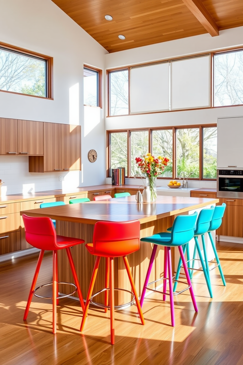 Brightly colored bar stools are arranged around a sleek kitchen island with a polished wood surface. The kitchen features clean lines and geometric shapes, complemented by vibrant hues that add a playful touch to the Mid-Century Modern aesthetic. The cabinetry is a mix of warm wood tones and crisp white finishes, creating a bright and inviting space. Large windows allow natural light to flood in, highlighting the bold colors of the bar stools and enhancing the overall design.