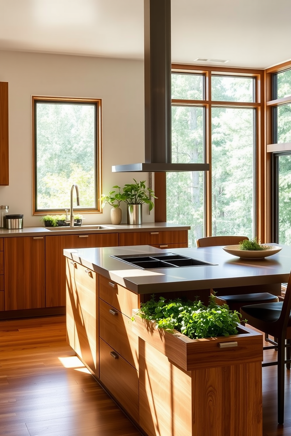 A Mid-Century Modern kitchen featuring integrated planters for fresh herbs. The kitchen includes sleek wooden cabinetry with clean lines and a large island that doubles as a prep space and a dining area. The integrated planters are built into the island and window sills, showcasing vibrant green herbs. Large windows allow natural light to flood the space, highlighting the warm tones of the wood and the minimalist decor.