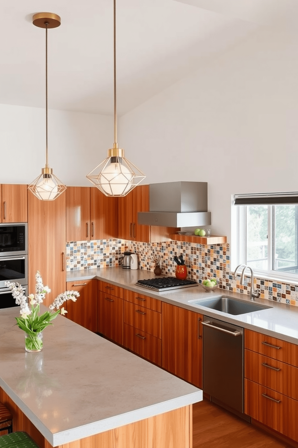 A Mid-Century Modern kitchen featuring unique light fixtures as focal points. The space includes sleek cabinetry in warm wood tones and a large island with a polished concrete countertop. Hanging above the island are geometric pendant lights that draw the eye and add a touch of elegance. The backsplash is a playful mix of colorful tiles that complements the overall retro aesthetic.