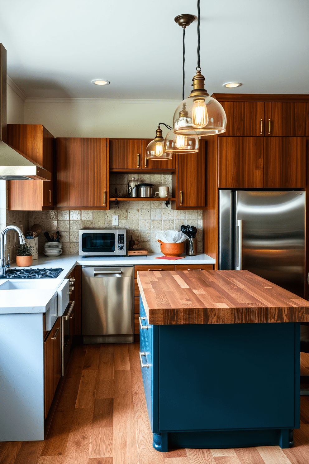 A stylish kitchen that blends vintage and modern elements. The space features sleek stainless steel appliances alongside retro wooden cabinets with brass handles. A large island with a butcher block top serves as a central gathering point. Pendant lights with a vintage design hang above, illuminating the space with a warm glow.