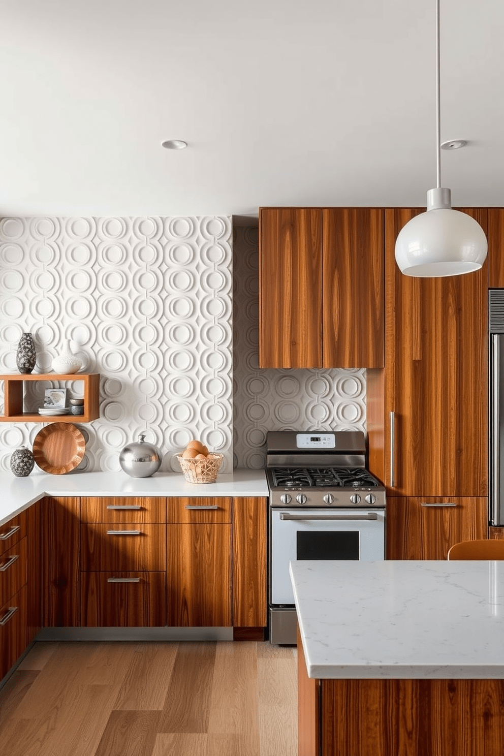 Textured wall panels create a striking visual depth in a Mid-Century Modern kitchen. The space features rich wooden cabinetry, sleek lines, and retro-inspired appliances that enhance the nostalgic charm.