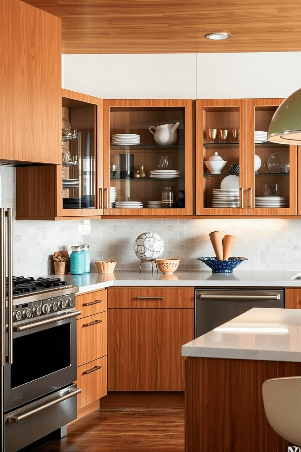 A Mid-Century Modern kitchen featuring sleek cabinetry with glass cabinet doors that showcase elegant dishware and decorative items. The space is characterized by clean lines, warm wood tones, and a combination of retro and contemporary fixtures that create a timeless aesthetic.