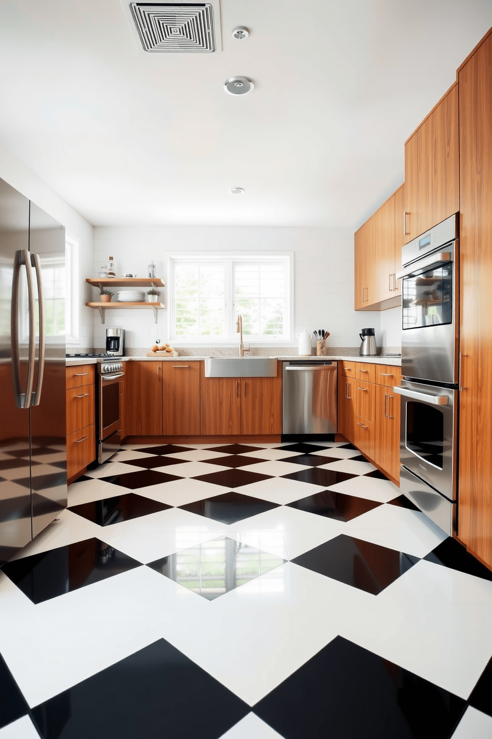 A Mid-Century Modern kitchen features retro-inspired flooring with a striking checkerboard pattern in black and white. The cabinetry is sleek and minimalistic, with warm wood tones complementing stainless steel appliances.