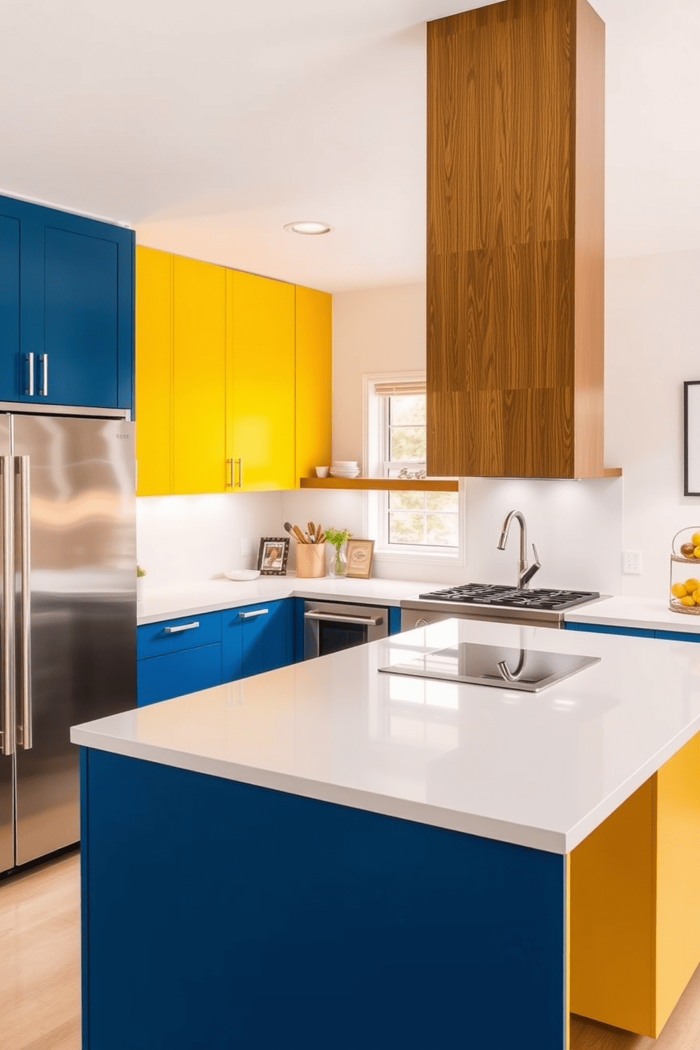 A Mid-Century Modern kitchen featuring flat panel cabinets in bold colors such as deep blue and vibrant yellow. The space is complemented by sleek stainless steel appliances and a minimalist island with a white quartz countertop.