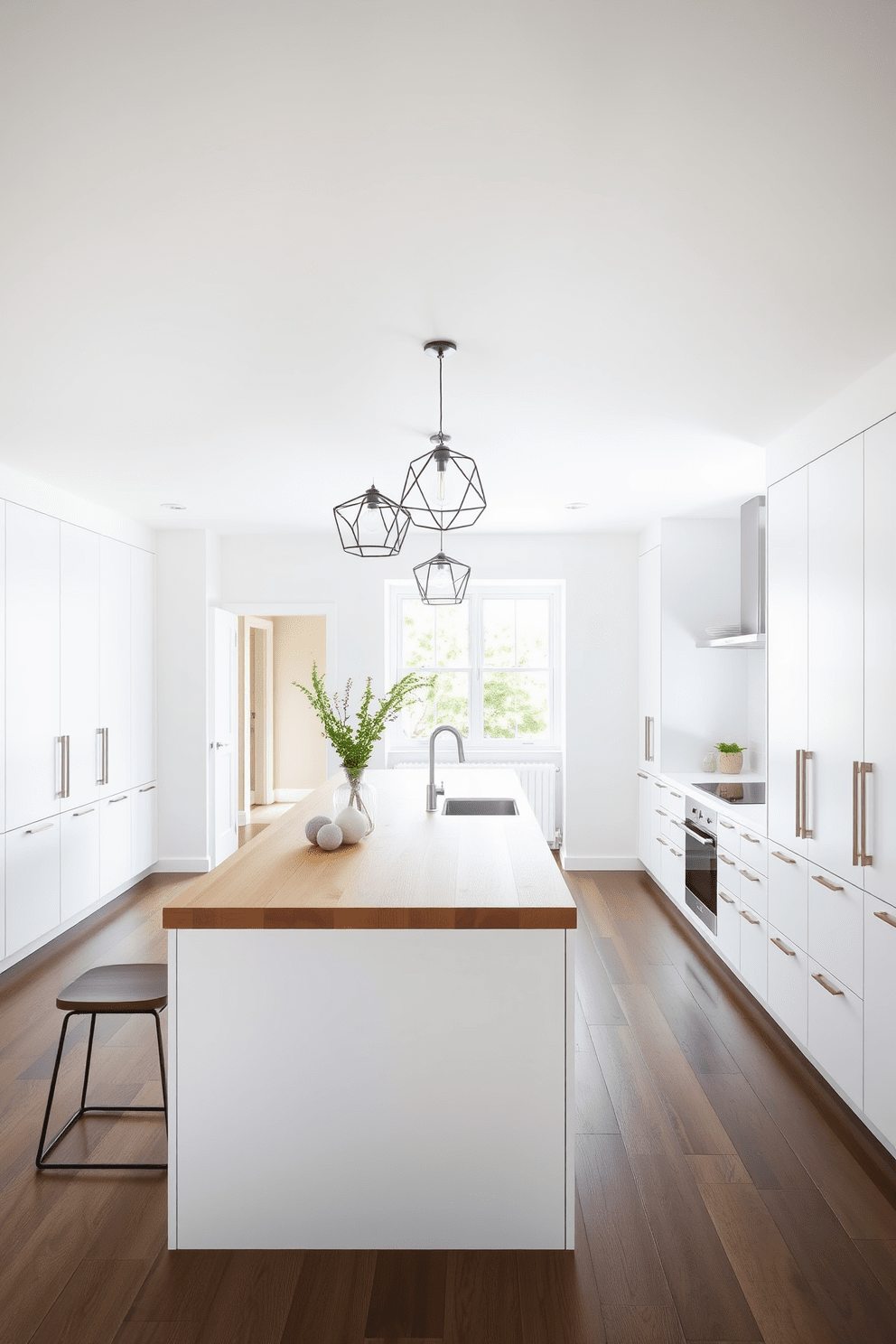 A minimalist kitchen with simple lines and an open layout. The cabinetry features sleek white finishes and integrated handles, creating a seamless look. A large island with a natural wood countertop serves as the centerpiece. Pendant lights with geometric designs hang above the island, adding a touch of elegance.