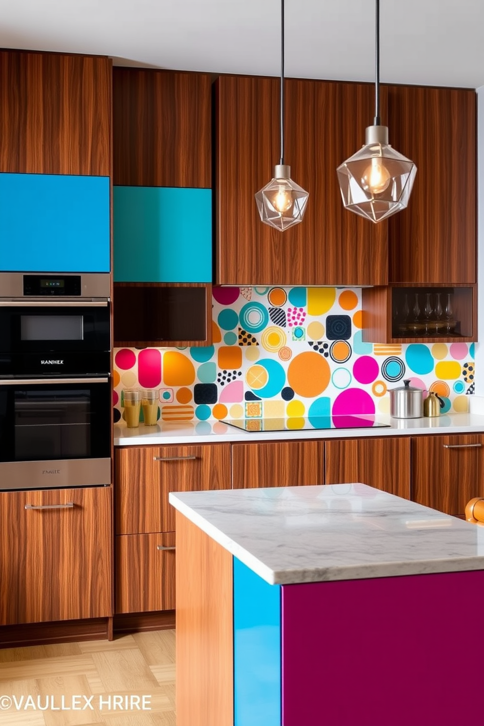 A vibrant kitchen featuring a colorful backsplash adorned with abstract patterns that add a lively touch to the space. The cabinetry is sleek and minimalistic, showcasing a blend of rich wood tones and bold colors that embody Mid-Century Modern design. The kitchen island is an eye-catching centerpiece, topped with a polished stone surface that contrasts beautifully with the playful backsplash. Pendant lights with geometric shapes hang above, casting a warm glow and enhancing the overall aesthetic of this stylish kitchen.