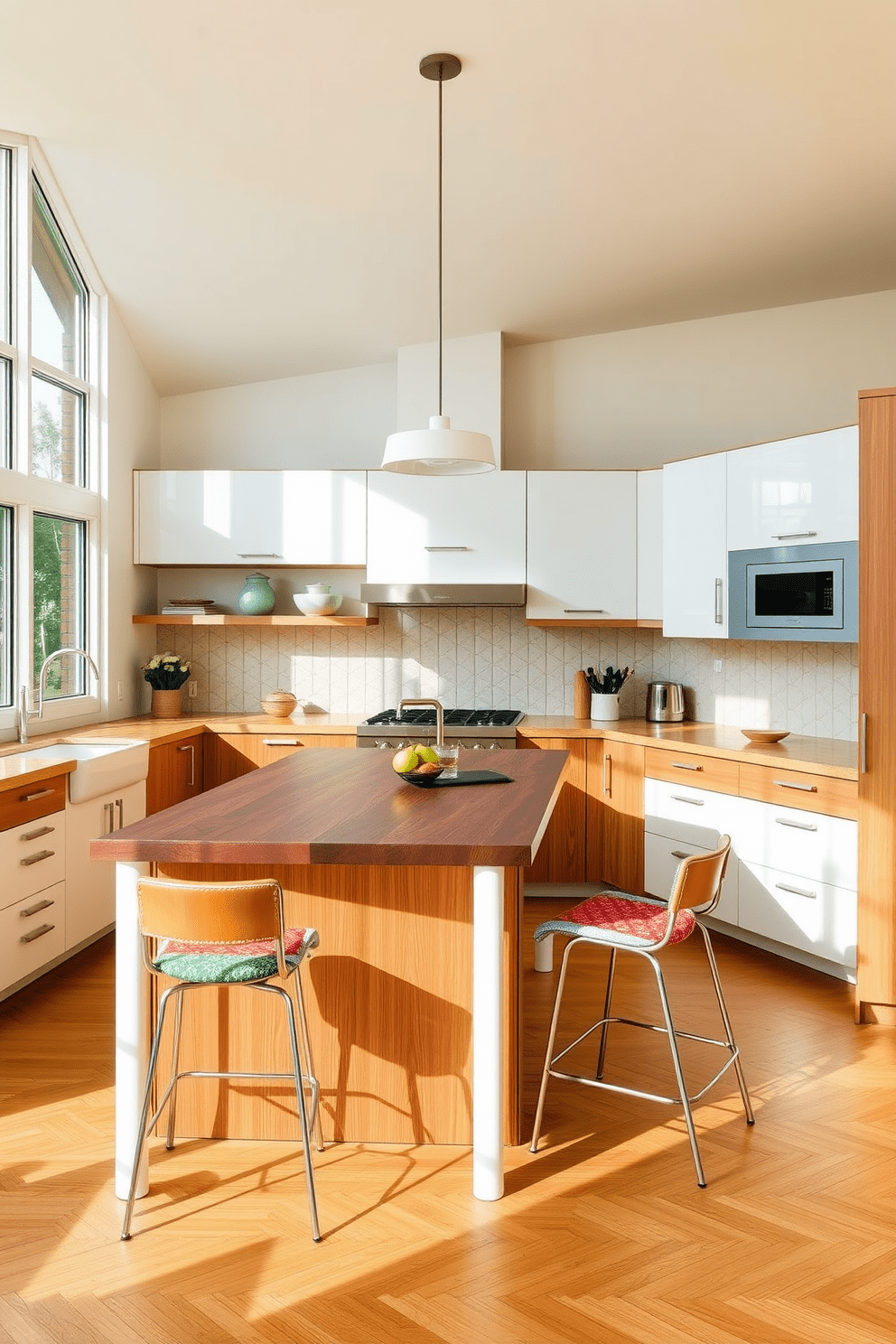 A stylish Mid-Century Modern kitchen featuring a spacious kitchen island that serves as a functional centerpiece. The island is topped with a rich walnut surface and surrounded by sleek bar stools with colorful upholstery. The cabinetry is a mix of warm wood tones and white finishes, complemented by retro-inspired hardware. Large windows allow natural light to flood the space, highlighting the geometric patterns of the backsplash tiles.