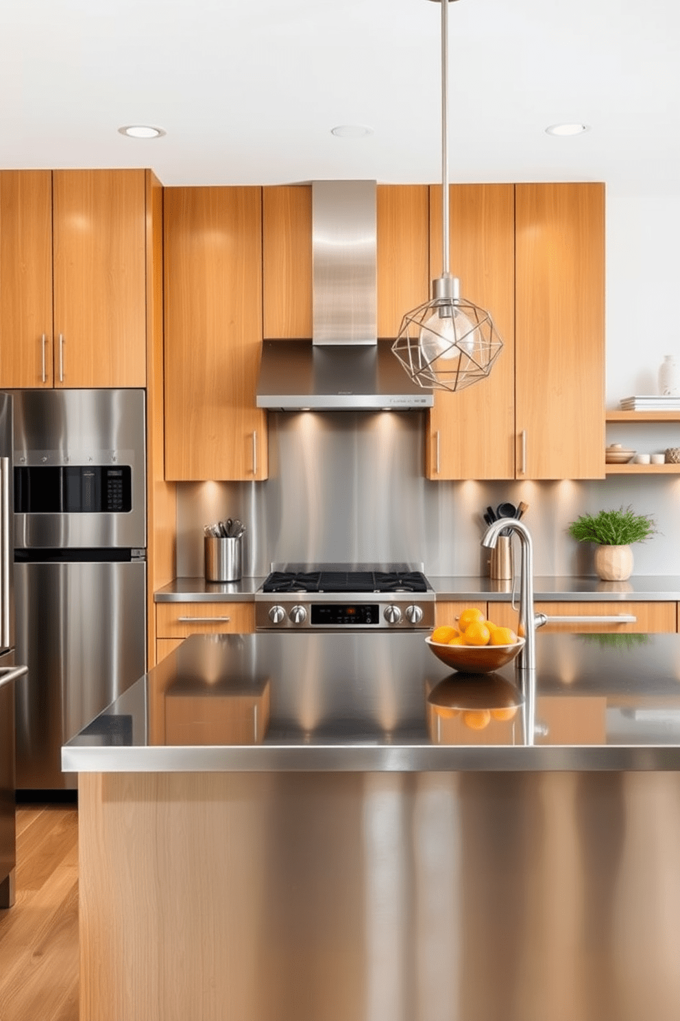 A Mid-Century Modern kitchen featuring sleek stainless steel appliances and fixtures. The cabinetry is a warm wood tone with clean lines, complemented by a minimalist stainless steel backsplash. A spacious island with a polished stainless steel countertop serves as a focal point. Pendant lights with geometric designs hang above, adding a touch of vintage charm.