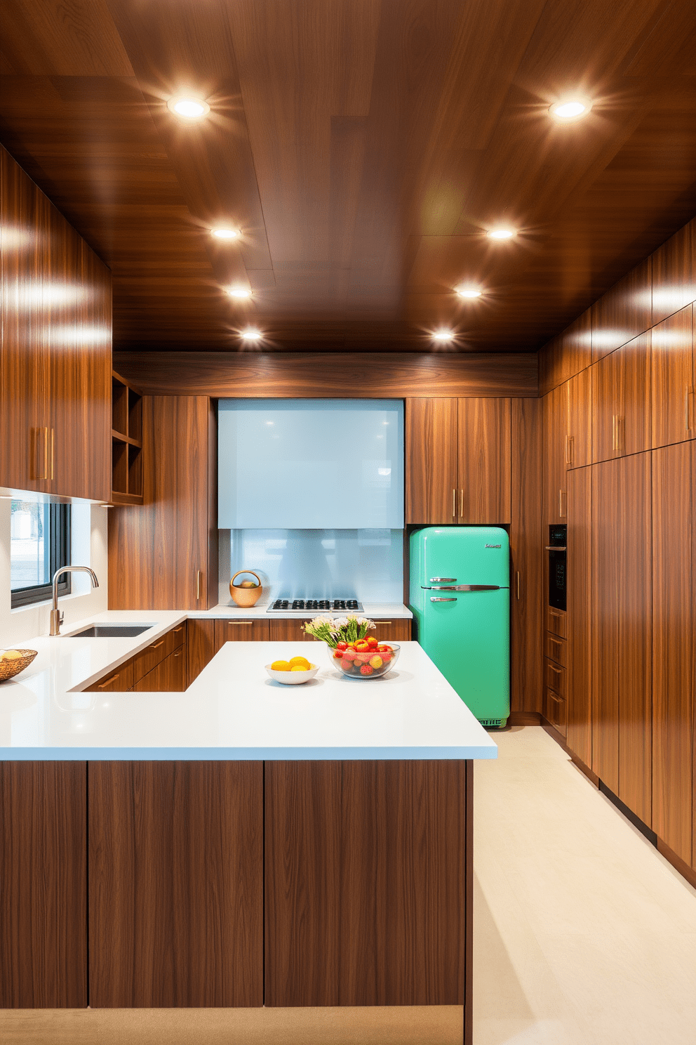 A Mid-Century Modern kitchen featuring sleek cabinetry in rich walnut wood with brass hardware. The space is illuminated by recessed lighting that creates a warm and inviting atmosphere, highlighting the clean lines and geometric shapes of the design. The kitchen island, topped with a white quartz countertop, offers ample space for meal preparation and casual dining. A retro-style refrigerator in a vibrant color adds a playful touch, complementing the overall aesthetic of the room.