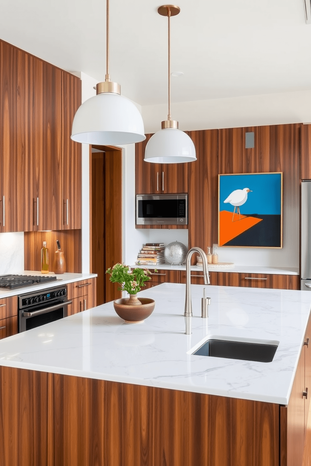 A Mid-Century Modern kitchen features sleek cabinetry with a rich walnut finish and minimalist hardware. The space is accented by bold artwork on the walls, showcasing vibrant colors that complement the warm wood tones. The kitchen island is topped with a striking quartz surface, providing both functionality and style. Pendant lights with a retro design hang above, creating a focal point that enhances the overall aesthetic of the room.