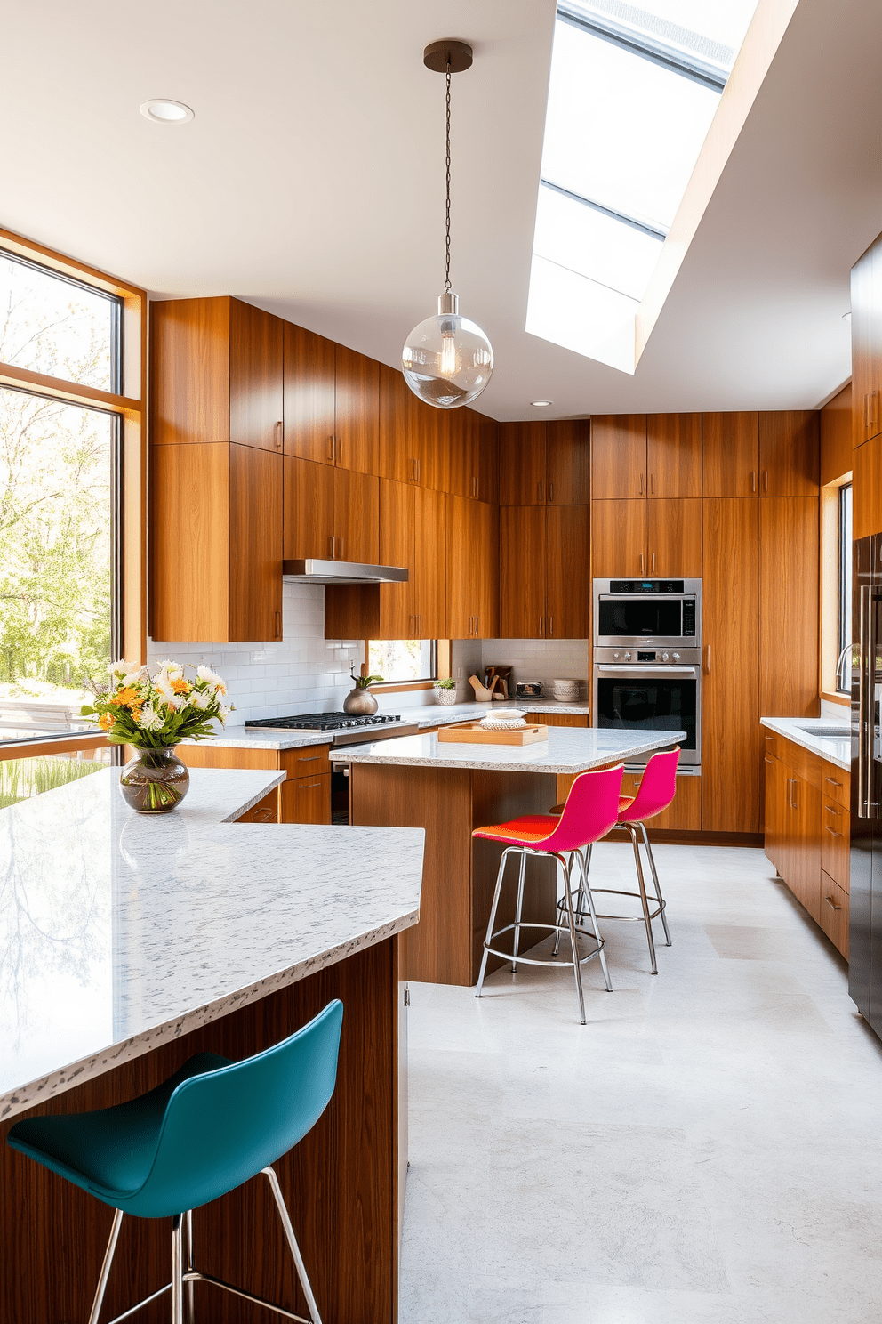 A Mid-Century Modern kitchen featuring a harmonious blend of warm wood cabinetry and cool metal accents. The space includes a large island with a quartz countertop, complemented by retro bar stools in vibrant colors. Natural light floods the room through expansive windows, illuminating the sleek lines and geometric patterns characteristic of the style. A vintage pendant light hangs above the island, adding a touch of nostalgia to the contemporary design.