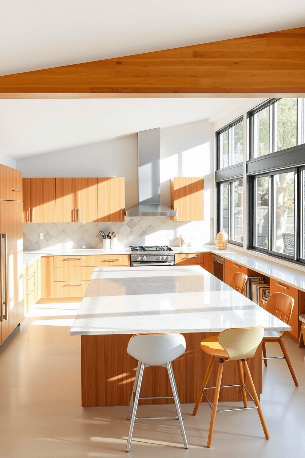 A bright and airy kitchen filled with natural light pouring through large floor-to-ceiling windows. The space features sleek Mid-Century Modern cabinetry with a warm wood finish and minimalist hardware, complemented by a large island with a polished stone countertop. Bold geometric patterns adorn the backsplash, adding a vibrant touch to the overall design. A mix of vintage and contemporary bar stools line the island, creating an inviting atmosphere for casual dining and entertaining.