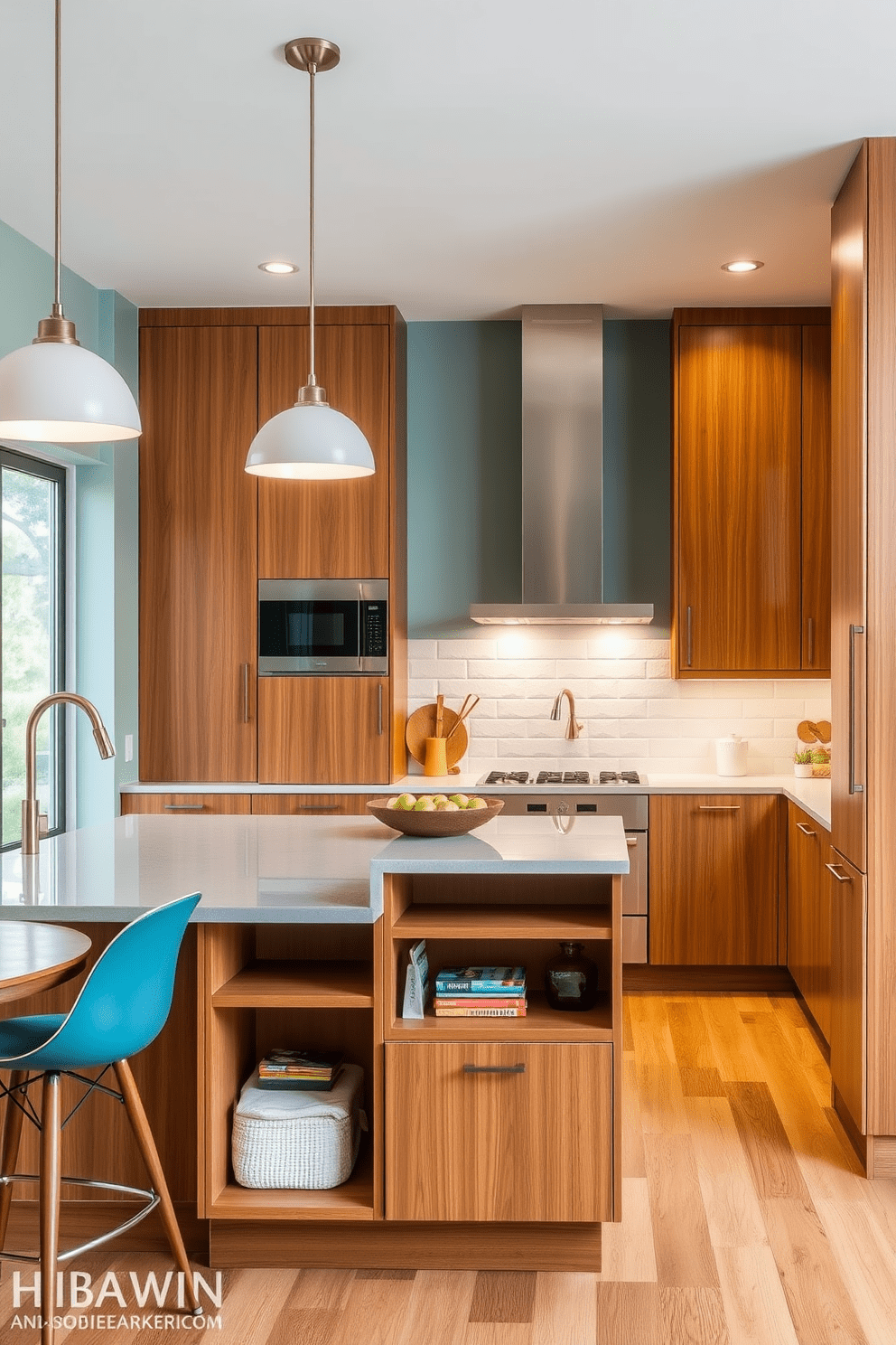 A Mid-Century Modern kitchen that maximizes space with clever storage solutions. The design features sleek cabinetry with a warm wood finish and minimalist hardware, creating an open and inviting atmosphere. An island with integrated shelving serves as both a prep area and a casual dining spot. Bright pendant lights hang above, illuminating the space while highlighting the retro-inspired color palette of teal and mustard.