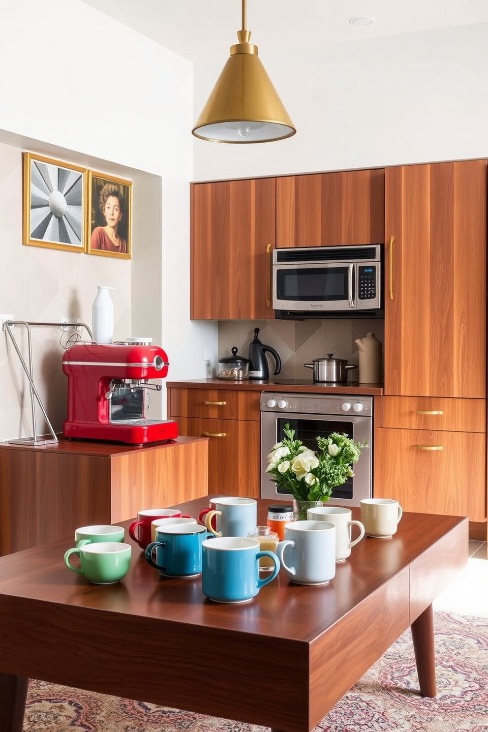 A retro coffee station is the focal point of this Mid-Century Modern kitchen. The station features a vibrant red espresso machine paired with a sleek, walnut coffee table that showcases an array of colorful coffee mugs. The kitchen cabinets are a rich teak wood, complemented by brass hardware that adds a touch of elegance. A geometric backsplash in soft pastel hues enhances the overall retro vibe while providing a stylish contrast to the modern appliances.