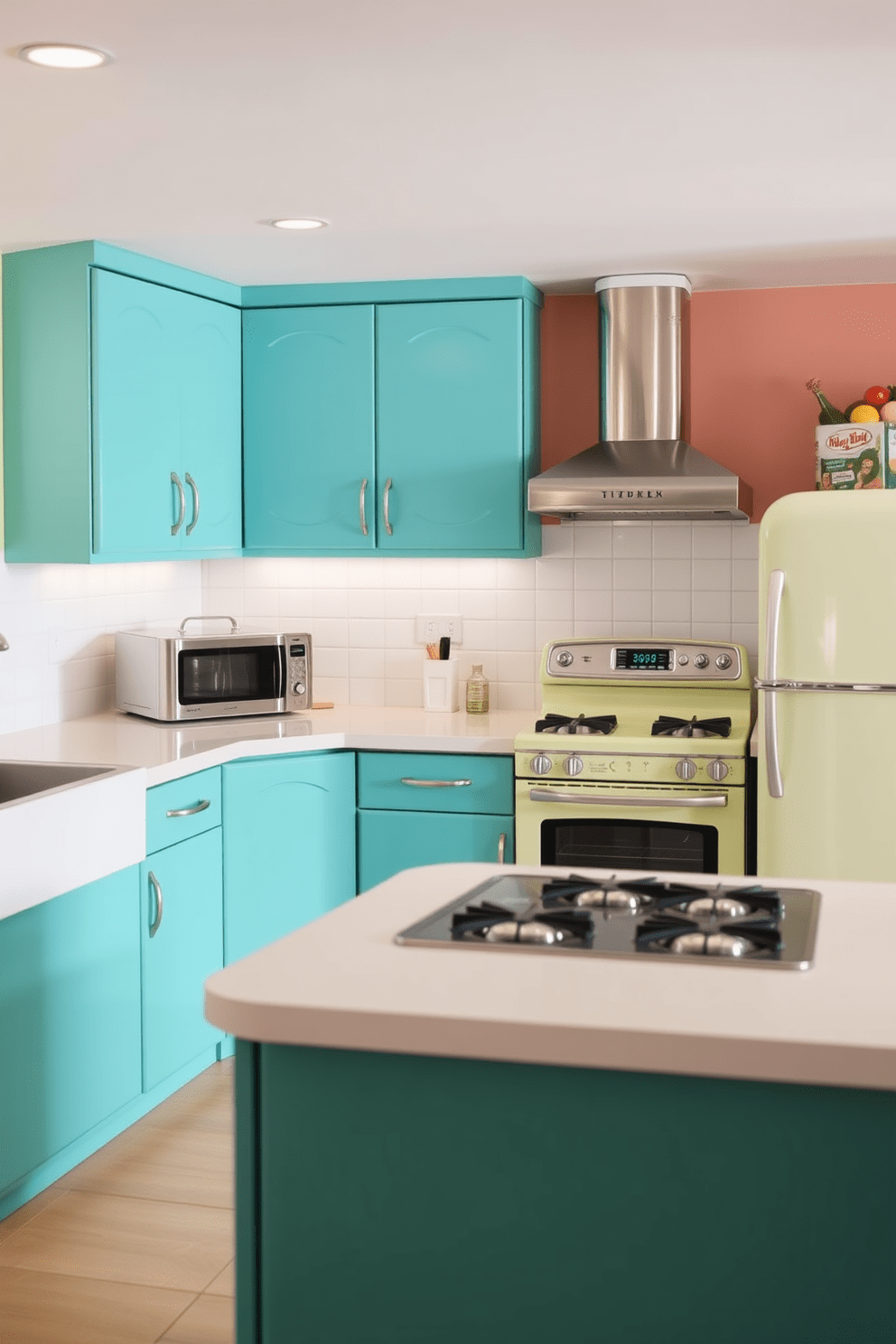 A stylish Mid-Century Modern kitchen featuring retro appliances with rounded edges. The kitchen showcases a vibrant color palette with teal cabinets and a sleek white countertop, complemented by a vintage-inspired refrigerator and stove.