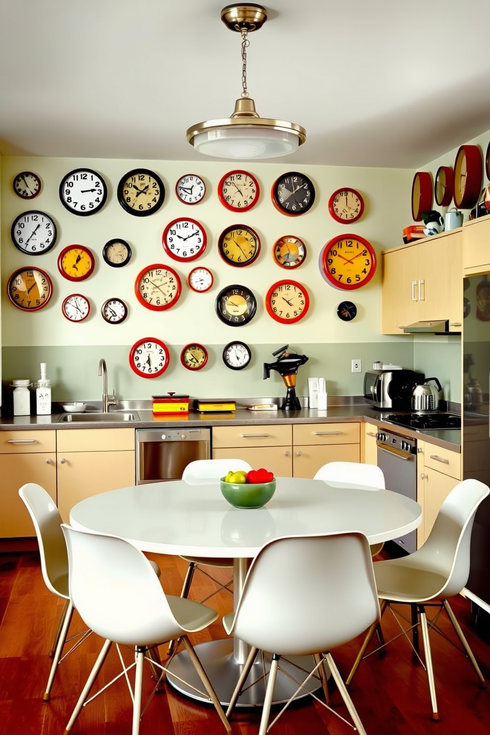 A vintage-inspired kitchen featuring an array of charming wall clocks in various sizes and styles. The clocks are displayed on a soft pastel-colored wall, adding a whimsical touch to the overall design. The kitchen showcases Mid-Century Modern elements with sleek cabinetry and retro appliances. A large, round dining table sits in the center, surrounded by iconic Eames chairs, creating a warm and inviting atmosphere.