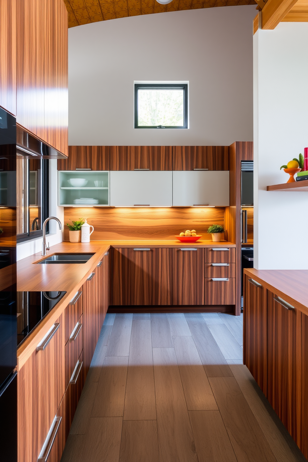 A Mid-Century Modern kitchen featuring warm wooden countertops that add a touch of natural warmth to the space. The cabinetry is sleek and minimalist, with a combination of rich wood tones and vibrant pops of color.