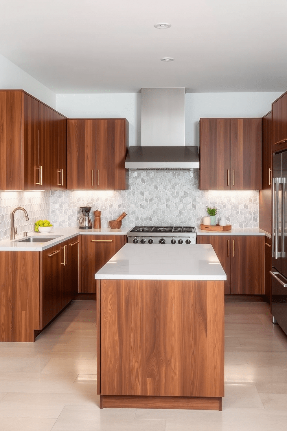 A Mid-Century Modern kitchen featuring a geometric tile backsplash that adds visual interest to the space. The cabinetry is a rich walnut wood with sleek brass hardware, complemented by a large island topped with white quartz.