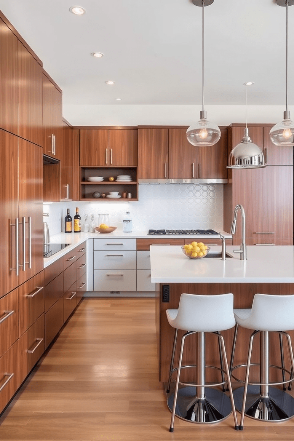 A Mid-Century Modern kitchen featuring sleek cabinetry with chrome accents on the hardware. The space includes a large island with a white quartz countertop and stylish bar stools, complemented by retro-inspired pendant lights hanging above.