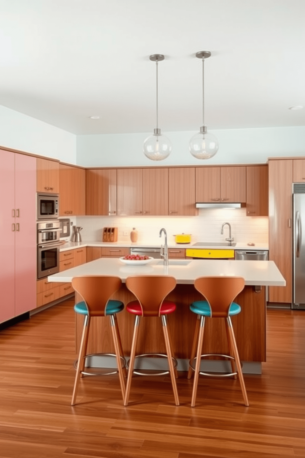 A Mid-Century Modern kitchen featuring pastel-colored walls for a soft touch. The cabinetry is sleek with clean lines and a mix of wood and colorful accents, complemented by retro-inspired appliances. A large island serves as the centerpiece, topped with a light-colored countertop. Stylish bar stools with curved backs invite casual dining, while pendant lights add a warm glow overhead.