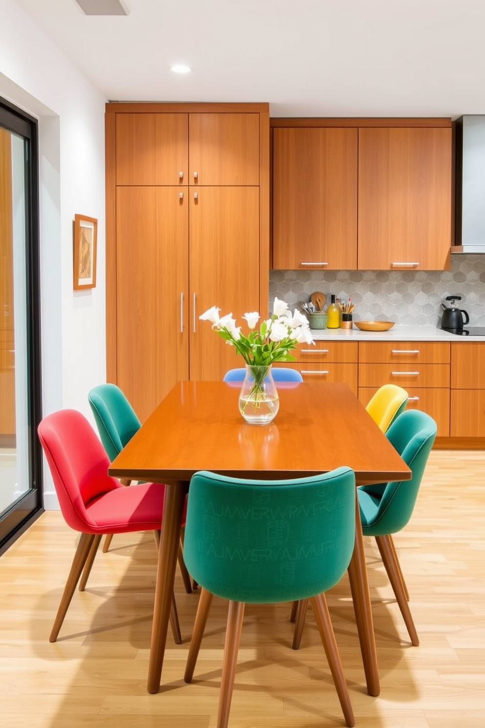 A mid-century dining table with tapered legs is the centerpiece of the room. Surrounding the table are colorful upholstered chairs that add a pop of vibrancy to the space. The kitchen features sleek cabinetry with a warm wood finish and minimalist hardware. A retro-inspired backsplash in geometric patterns complements the overall mid-century modern aesthetic.