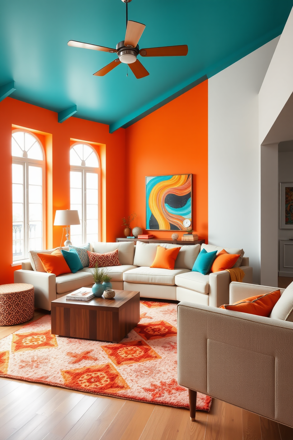 A vibrant living room filled with bright colors such as bold orange and deep turquoise. The space features neutral furniture accents including a light beige sofa and a sleek wooden coffee table, creating a perfect balance between warmth and sophistication. Large windows allow natural light to flood the room, highlighting the colorful artwork displayed on the walls. A plush area rug in geometric patterns ties the space together, while decorative cushions add playful pops of color to the seating area.