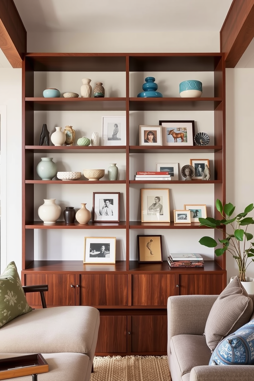 A Mid Century Modern living room features open shelving displaying curated decor items. The shelves are made of rich walnut wood and showcase a mix of vintage and contemporary pieces, including ceramic vases and framed art.