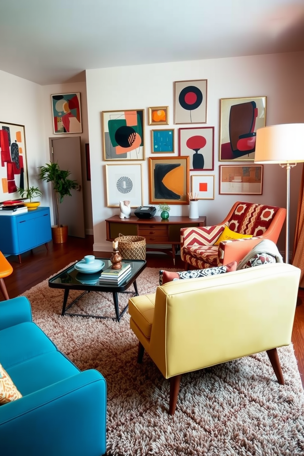 A vibrant Mid Century Modern living room filled with an eclectic mix of vintage and contemporary furniture. A sleek sofa in a bold color contrasts with a retro coffee table and an oversized armchair adorned with geometric patterns. The walls are decorated with abstract art pieces, creating a dynamic focal point in the room. A plush area rug anchors the space, while a stylish floor lamp adds warmth and illumination.