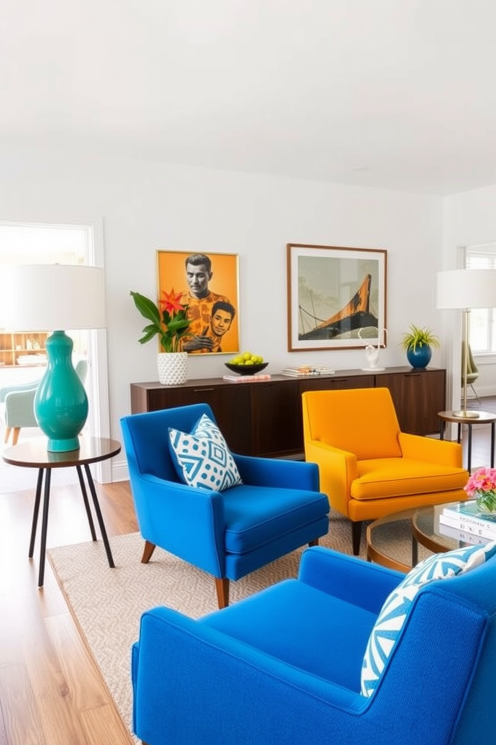 Colorful accent chairs add a pop of personality to a Mid Century Modern living room. The space features clean lines, a neutral color palette, and vibrant chairs that serve as focal points, enhancing the overall aesthetic.