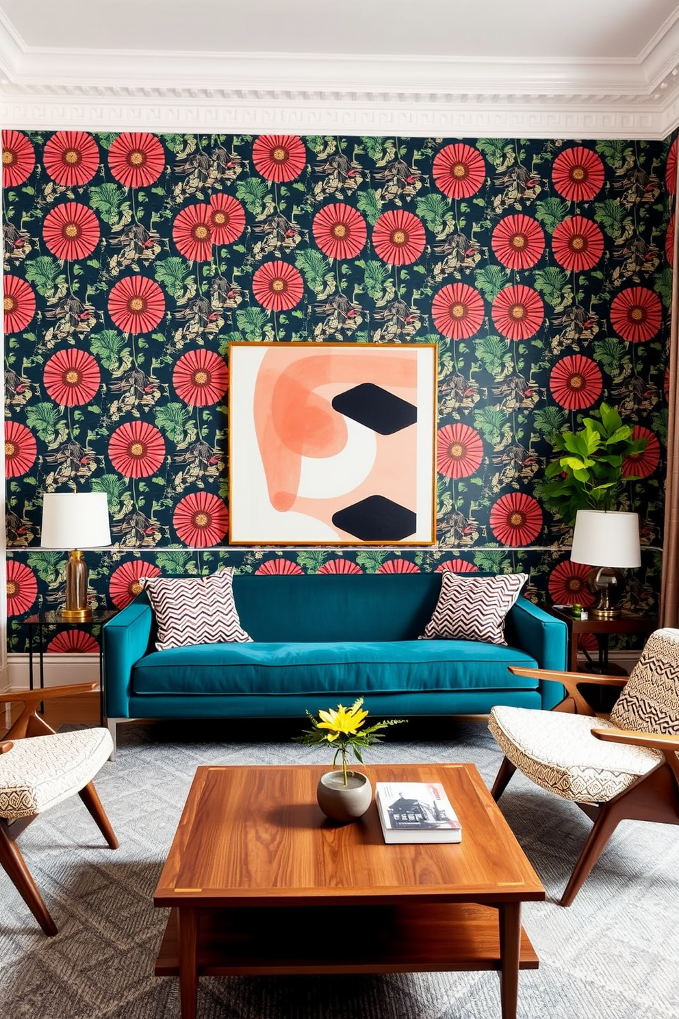 A statement wall adorned with vibrant retro wallpaper creates a focal point in the room. The rest of the walls are painted in a soft neutral tone to balance the bold patterns. The Mid Century Modern living room features a sleek, low-profile sofa in a rich teal fabric. A stylish coffee table made of walnut wood sits in front, complemented by a pair of iconic lounge chairs with tapered legs.