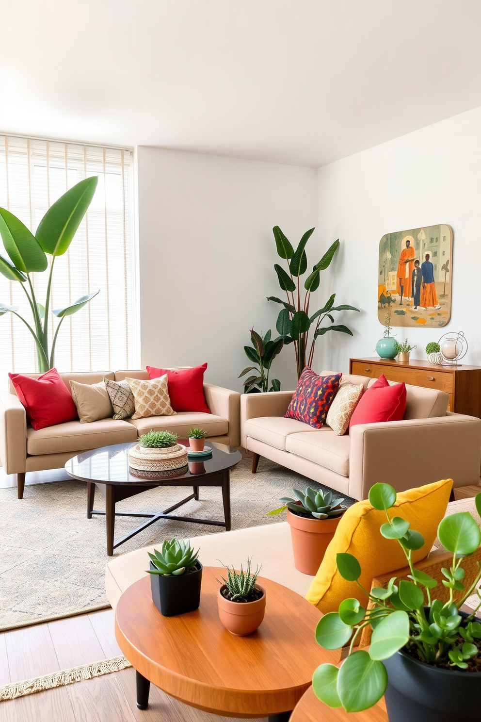 A Mid Century Modern living room features a spacious layout with clean lines and organic shapes. The furniture includes a sleek sofa in a muted color, accented by vibrant throw pillows and a geometric area rug. Indoor plants are strategically placed throughout the space to enhance the fresh vibe. A tall fiddle leaf fig stands in the corner, while smaller succulents adorn the coffee table and shelves.