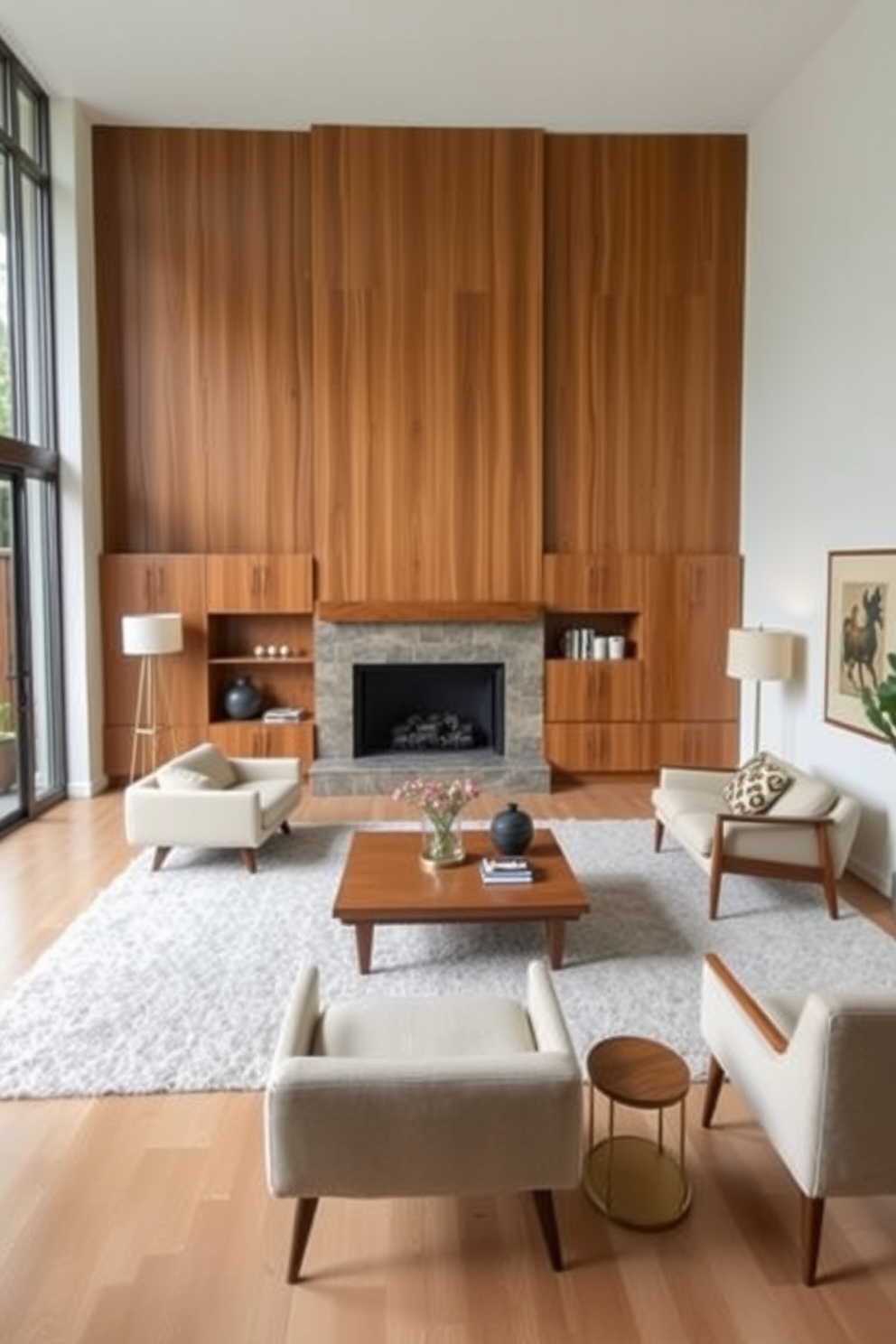 A Mid Century Modern living room featuring low-profile furniture to create a spacious feel. The room includes a sleek, low sofa with tapered legs, complemented by a minimalist coffee table and accent chairs that emphasize openness.