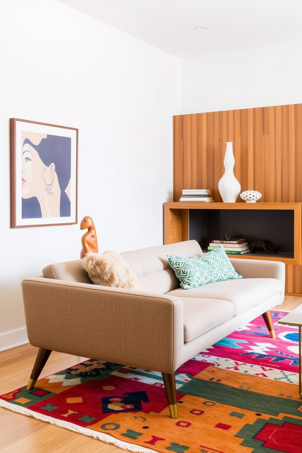 A stylish Mid Century Modern living room featuring unique sculptural decor items that serve as focal points. The space includes a sleek, low-profile sofa with tapered wooden legs and a vibrant area rug that complements the overall color scheme.