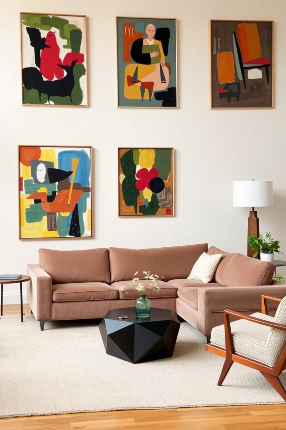 A Mid Century Modern living room with neutral walls adorned with colorful abstract artwork. The space features a plush sectional sofa in a muted tone, complemented by a geometric coffee table and a vintage armchair.