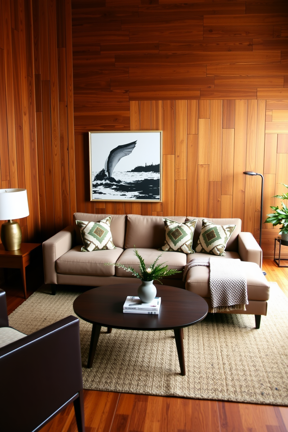 A cozy Mid Century Modern living room featuring rich wood paneling that creates warmth and texture. The space is adorned with a sleek sofa in a muted color, complemented by geometric patterned throw pillows and a stylish coffee table at the center.