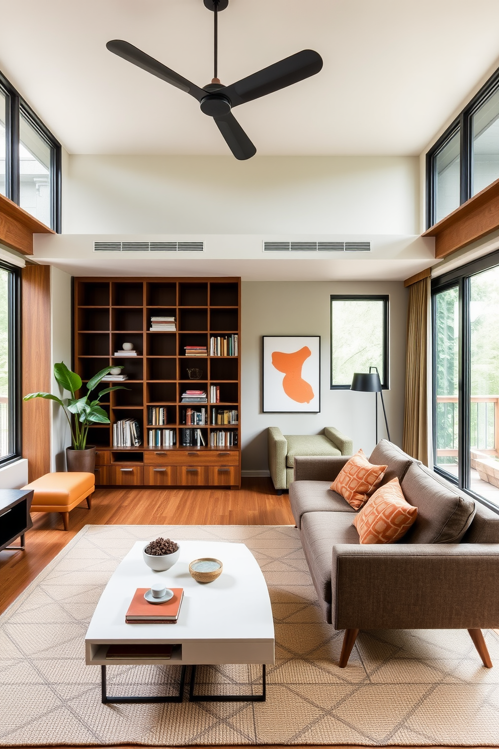 A stylish mid-century modern living room featuring a multifunctional sofa that easily converts into a bed. The space includes a sleek coffee table with hidden storage and a compact bookshelf that doubles as a room divider. The color palette consists of warm woods, muted greens, and pops of orange. Large windows allow natural light to flood the room, highlighting the clean lines and geometric patterns of the decor.