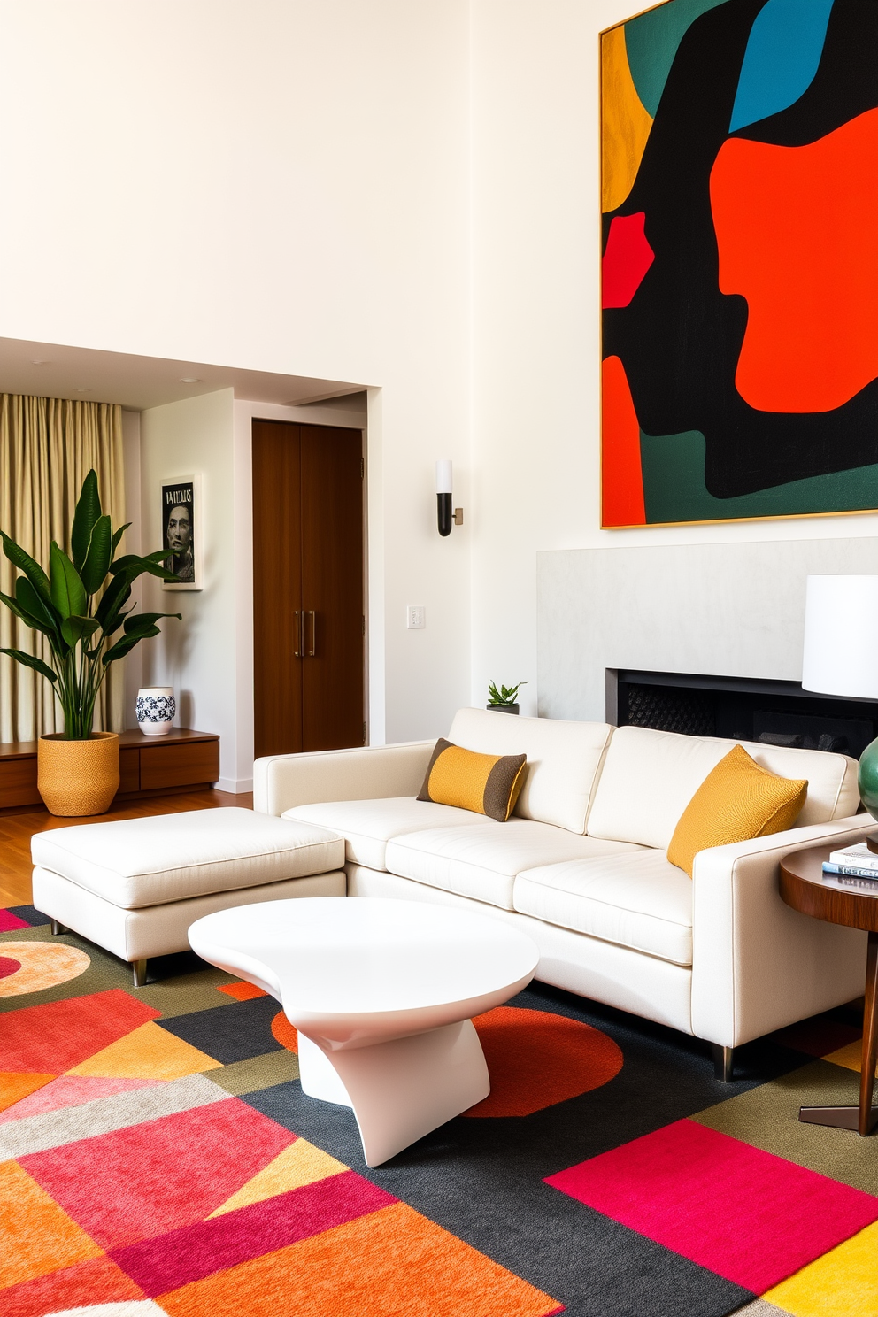 A Mid Century Modern living room features a sleek sofa with clean lines and vibrant geometric patterns on the area rug. The space is accented with a sculptural coffee table and bold artwork that complements the retro color palette.