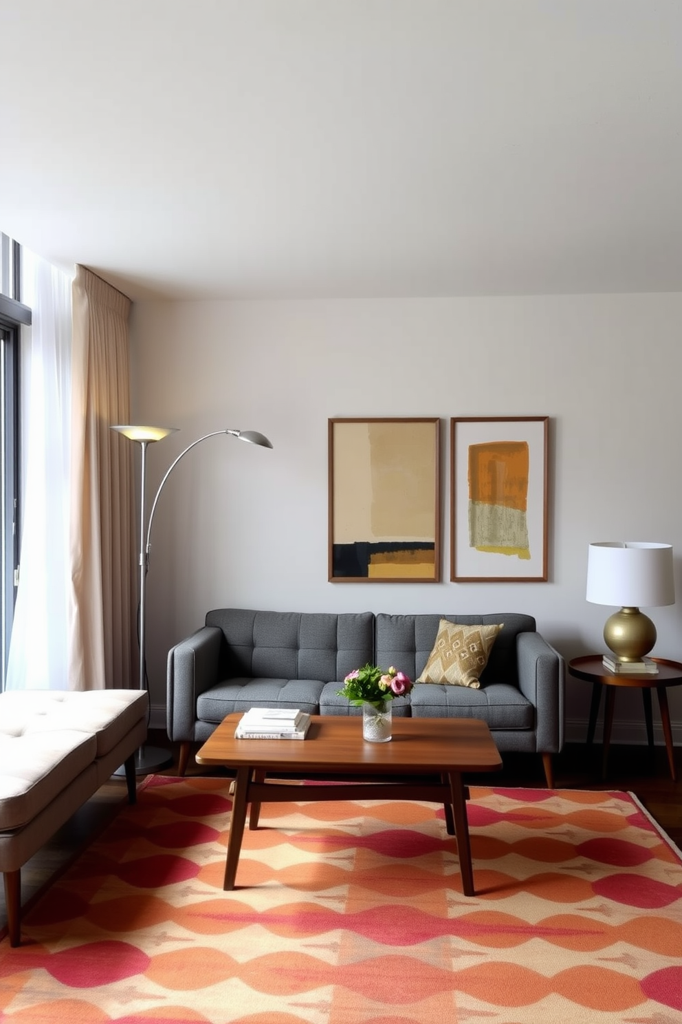 A Mid Century Modern living room featuring layered lighting with both floor and table lamps. The space includes a sleek sofa with geometric patterns, a wooden coffee table, and a vibrant area rug that ties the room together.