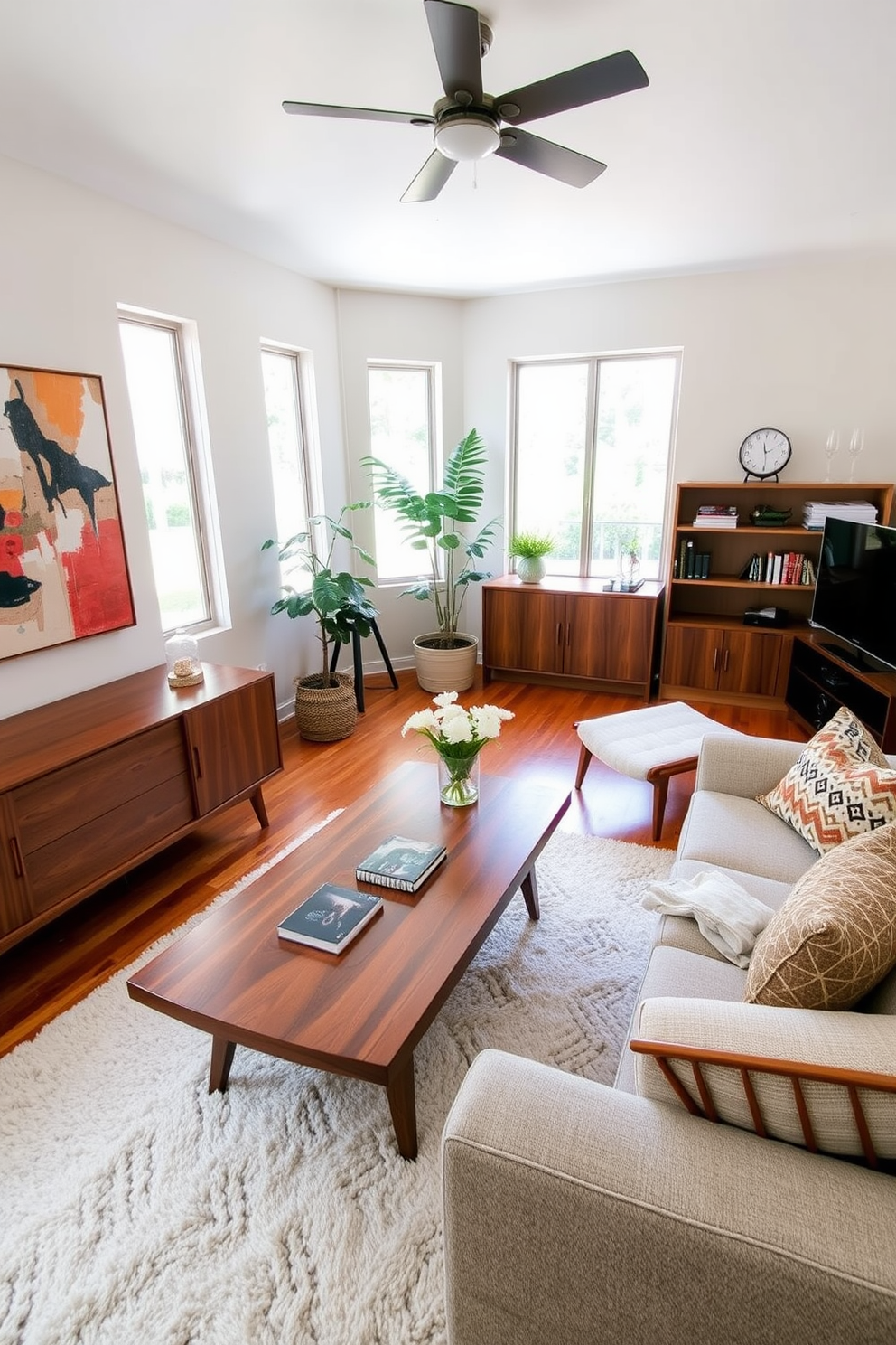 A Mid Century Modern living room features a blend of different wood tones that complement each other beautifully. The space includes a sleek wooden coffee table, a walnut sideboard, and a light oak bookshelf, all arranged to create a warm and inviting atmosphere. The walls are adorned with abstract art that adds a pop of color, while a plush area rug anchors the seating area. Large windows allow natural light to flood the room, highlighting the rich textures and finishes of the furniture.