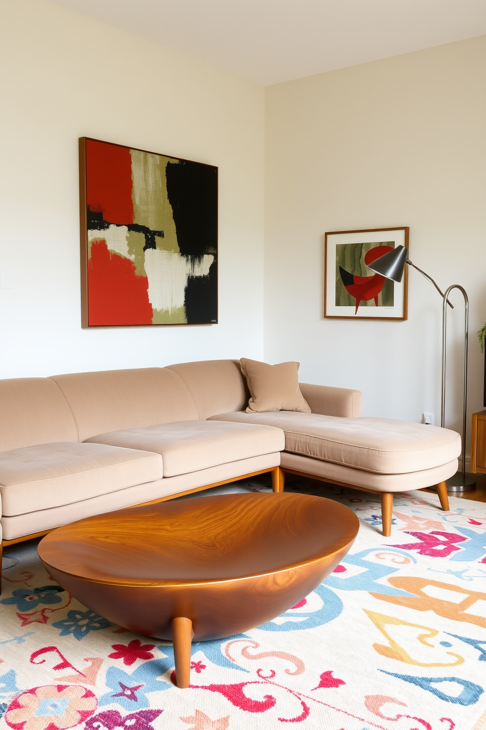 A Mid Century Modern living room featuring furniture with elegant curved lines. The space includes a plush sofa with rounded edges and a stylish coffee table with a soft, organic shape. The walls are adorned with abstract art that complements the warm wood tones of the furniture. A vibrant area rug anchors the seating area, while a sleek floor lamp adds a touch of sophistication.