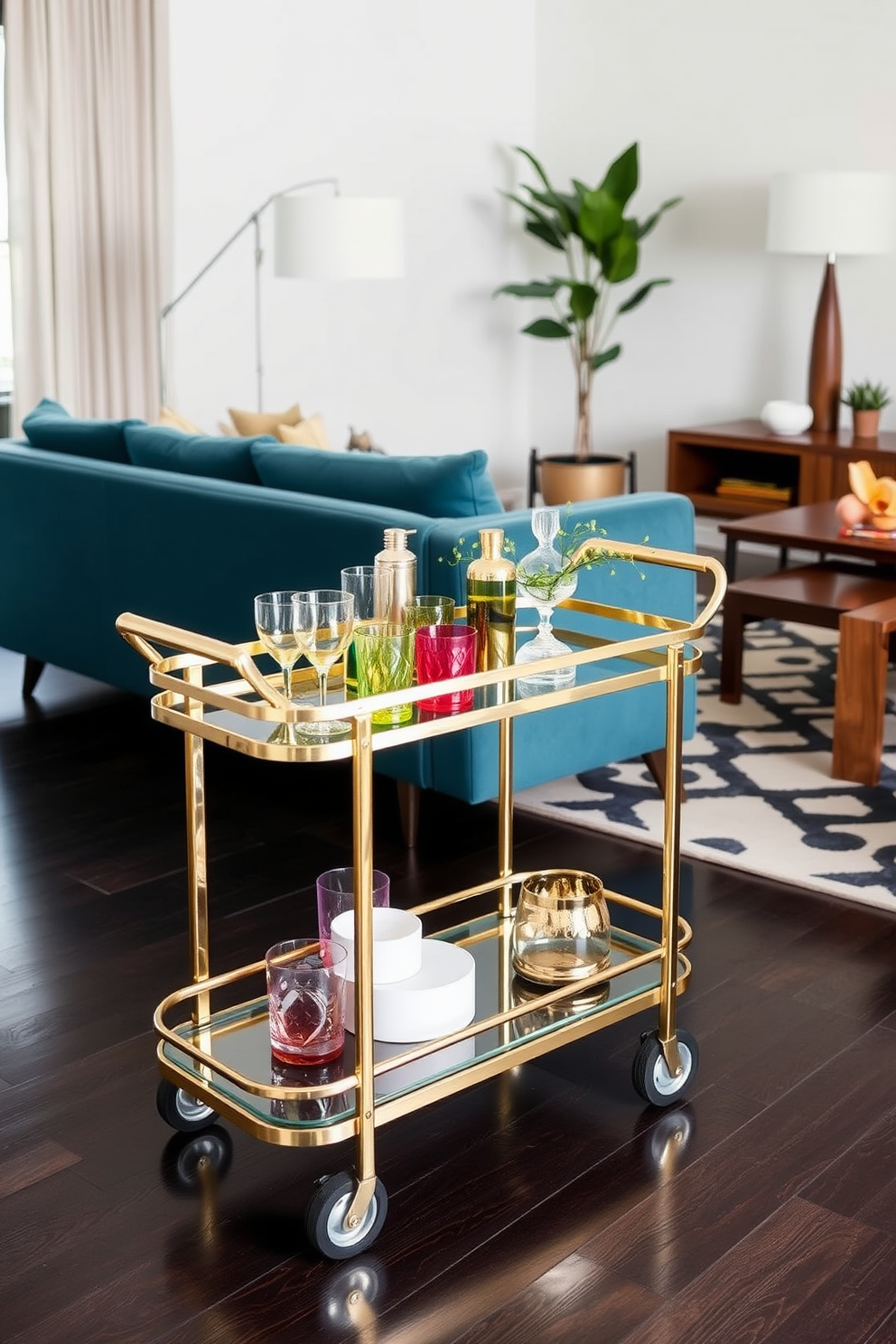 A retro-inspired bar cart with a polished brass frame sits elegantly on a dark wooden floor. The cart is adorned with colorful glassware, a cocktail shaker, and a small potted plant, creating a vibrant focal point for entertaining guests. The Mid Century Modern living room features a sleek, low-profile sofa in a rich teal fabric. A geometric area rug anchors the space, while a walnut coffee table and sculptural floor lamp add warmth and style to the room.