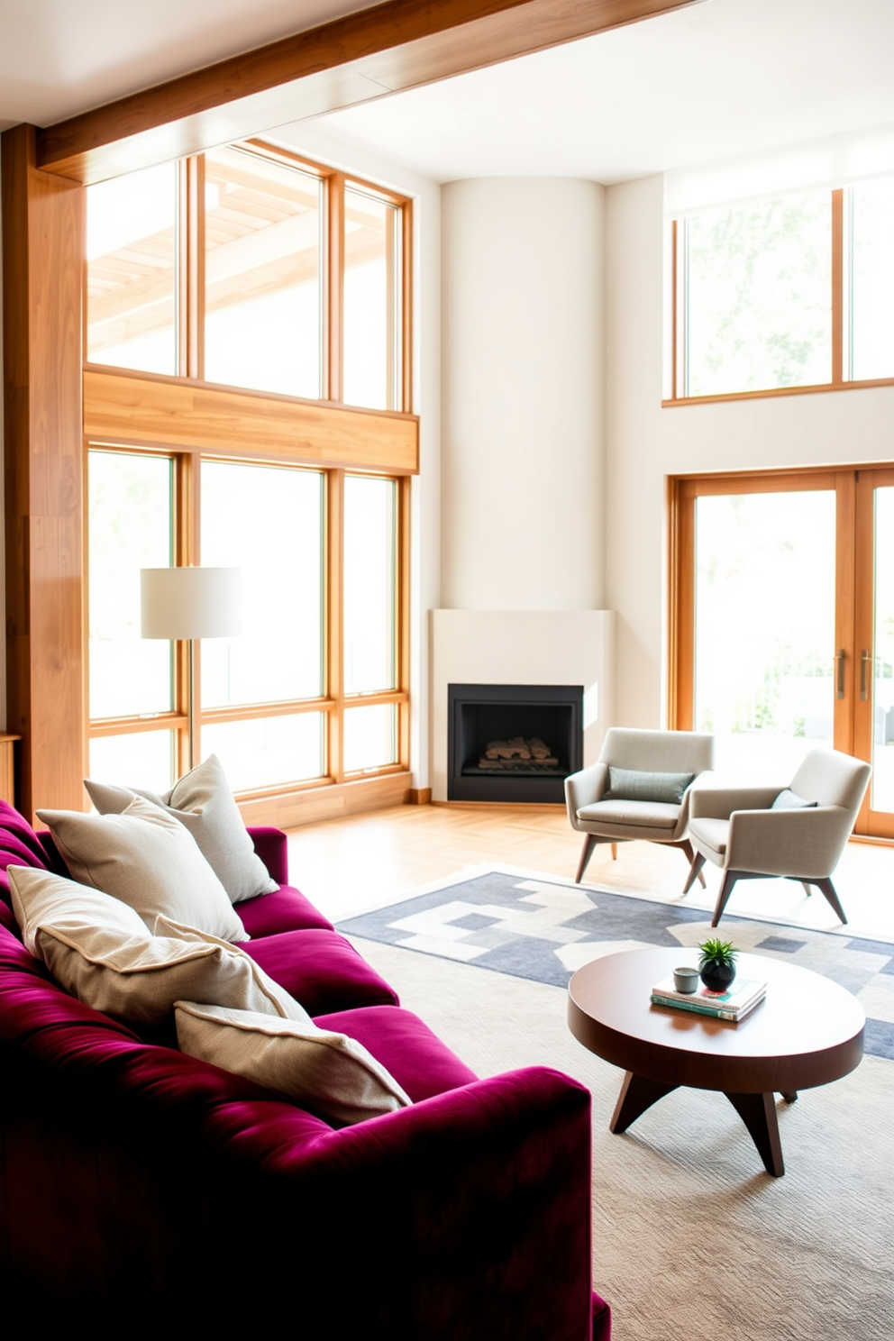 A stylish Mid Century Modern living room featuring a plush velvet sofa in a rich jewel tone. The space is accented with linen throw pillows and a geometric area rug that ties the color palette together. In the background, a sleek wooden coffee table sits atop the rug, surrounded by sculptural side chairs with tapered legs. Large windows allow natural light to flood the room, highlighting the warm wood tones and textured fabrics throughout.