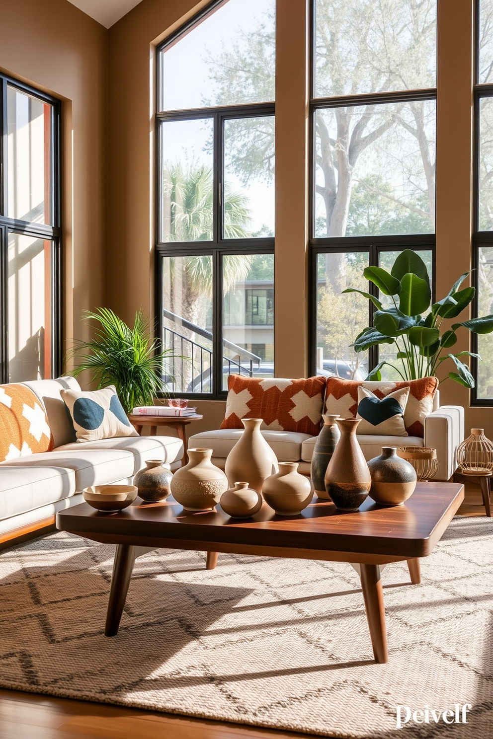 A Mid Century Modern living room features a sleek sofa with tapered wooden legs and bold geometric patterns. Artisan ceramics are thoughtfully arranged on a low coffee table, adding texture and color to the space. The walls are painted in a warm neutral tone, creating a cozy atmosphere. Large windows allow natural light to flood in, illuminating the unique shapes of the ceramic pieces.