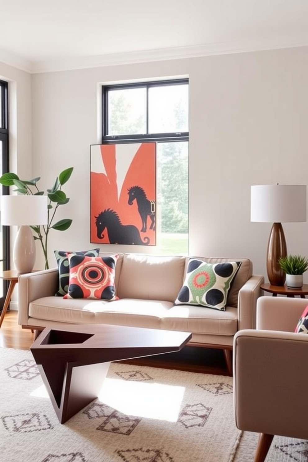 A Mid Century Modern living room featuring bold graphic prints on cushions that add a vibrant pop of color. The furniture includes a sleek low-profile sofa with tapered wooden legs and a geometric coffee table, creating a stylish and inviting atmosphere.