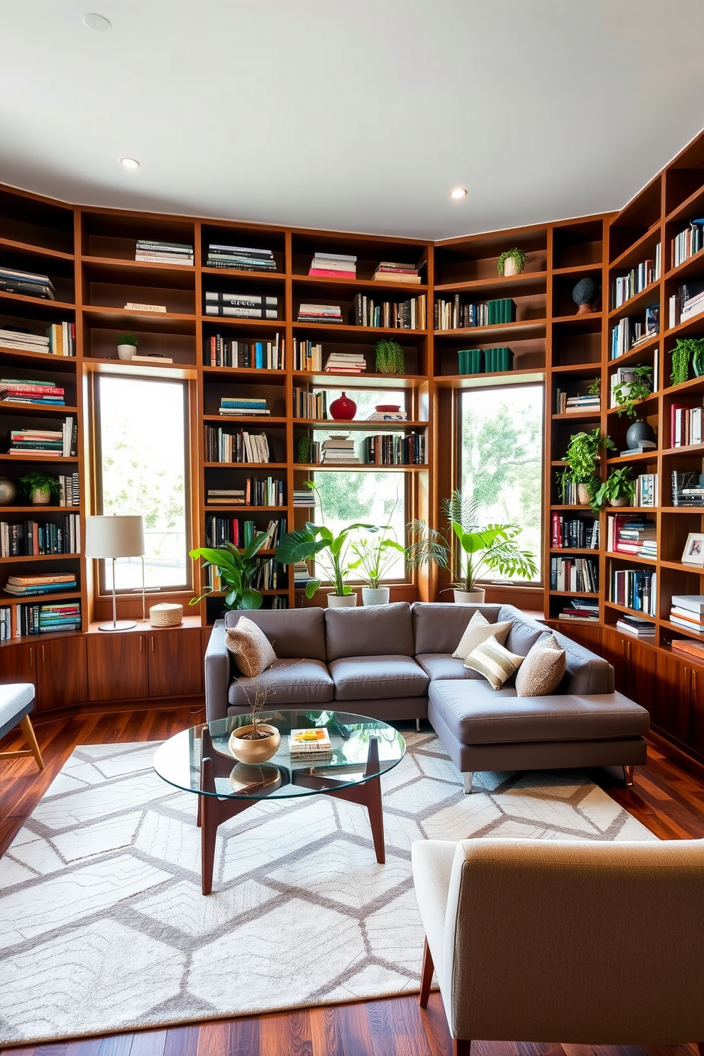 A stylish Mid Century Modern living room features floor-to-ceiling bookshelves that provide ample storage and display space. The shelves are crafted from rich walnut wood, showcasing a mix of books, decorative objects, and plants for a vibrant touch. In the center of the room, a sleek sectional sofa in a muted color complements a geometric area rug. A statement coffee table with a glass top and wooden legs anchors the seating area, while large windows allow natural light to flood the space.