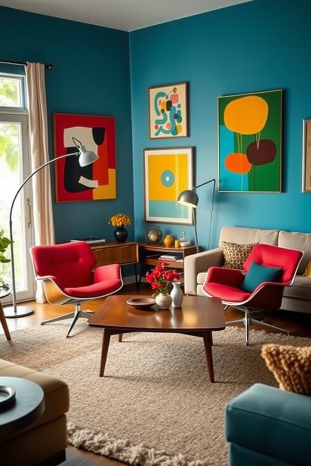 A cozy living room filled with nostalgic decor items from the Mid Century Modern era. A sleek wooden coffee table sits in the center, surrounded by a pair of iconic Eames chairs upholstered in vibrant fabric. The walls are adorned with abstract art pieces featuring bold colors and geometric shapes. A stylish floor lamp with a curved arm stands beside a plush sofa, creating a warm and inviting atmosphere.